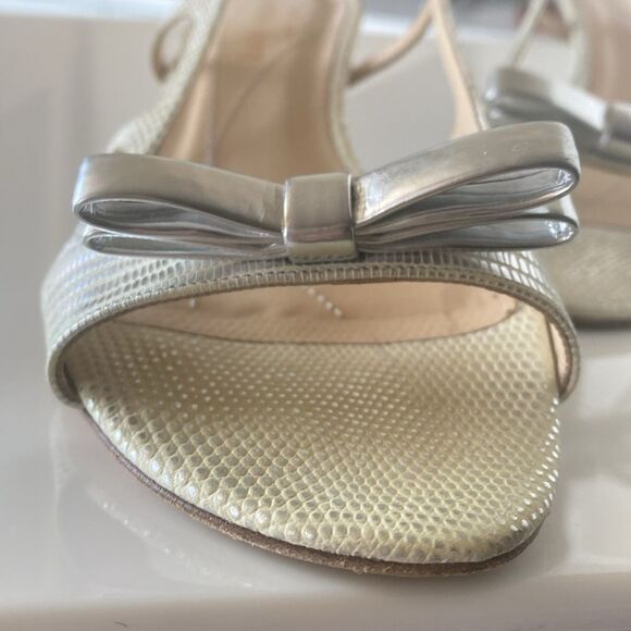 Kate Spade New York Leather Butter yellow Silver sandals bows mini heels Italy! - Picture 2 of 12